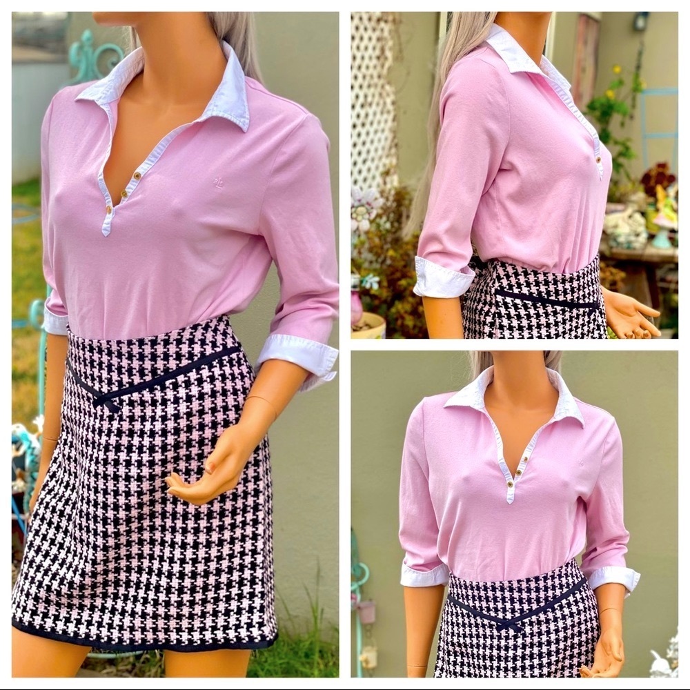 RALPH LAUREN 💯 Cotton Blush Pink White Pop Collar French Cuff Sleeves Shirt Top
